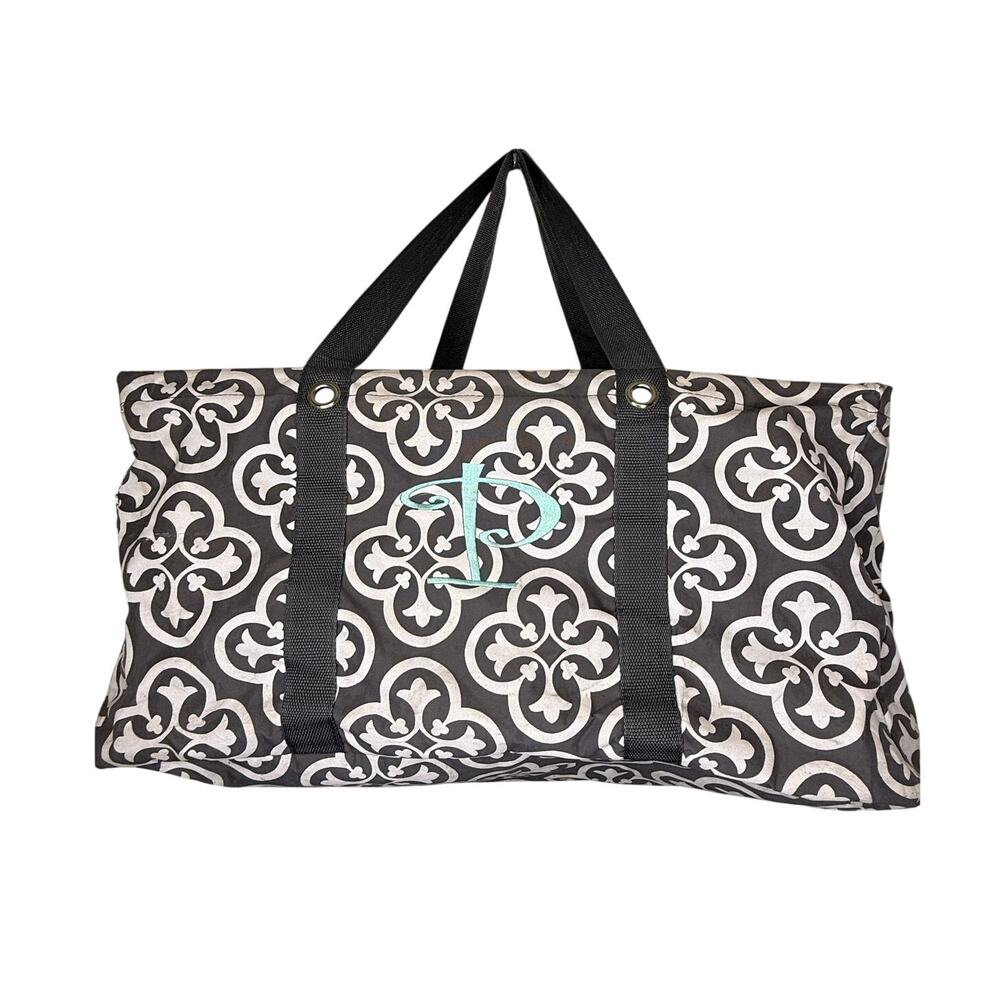 Monogrammed P Gray White Fleur Tote Utility Storage Bin Bag Organizer Basket
